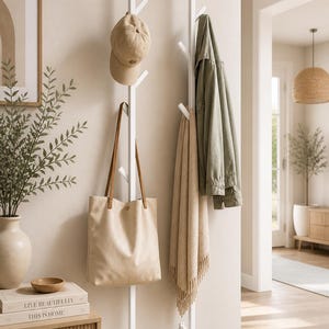 K&ouml;nnte beinhalten: Ein wei&szlig;er, an der Wand befestigter Kleiderst&auml;nder mit mehreren Zweigen, an dem eine beige Tragetasche, eine beige Baseballkappe, eine hellgr&uuml;ne Jacke und ein beiger Schal h&auml;ngen. Der St&auml;nder ist an einer hellbeigen Wand befestigt, mit einem h&ouml;lzernen Beistelltisch und einem gerahmten Bild im Hintergrund.