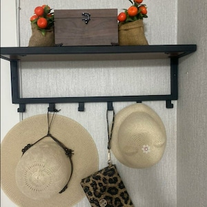 Floating Wooden Wall Shelf with Metal Frame and Hooks,Minimalist Hanger, Rustic Hook, Modern Handmade Design, Vintage, Scandinavian Entryway