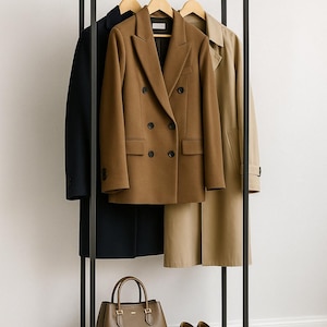 Op de afbeelding: Een zwart metalen kledingrek toont een marineblauwe jas, een bruine double-breasted blazer en een beige trenchcoat. Een bruine handtas en leren loafers staan op de onderste plank. De jassen hangen aan houten kleerhangers.