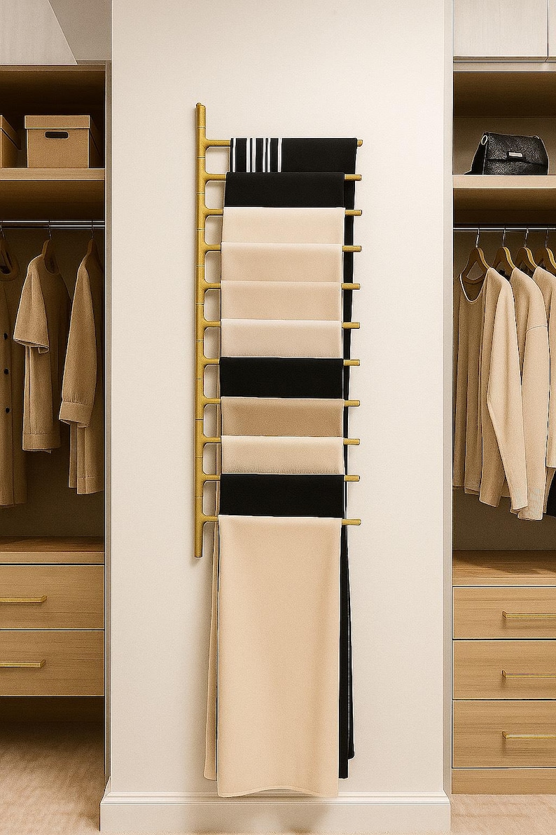 May include: A gold scarf rack on a white wall, holding scarves in black, beige, and white. The rack is between two wooden wardrobes. The scarves are neatly arranged, creating a stylish display.