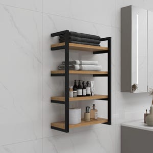 May include: A four-tier wall shelf unit with black metal supports and light wood shelves. The shelves display folded towels, toiletries, and toilet paper. The unit is mounted on a white marble-effect wall. The unit is designed for bathroom storage.