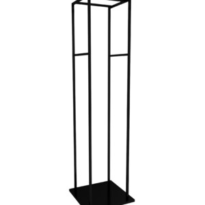 May include: A black metal clothing rack with a square base and two horizontal bars. The rack is freestanding and is ideal for displaying clothing or accessories.