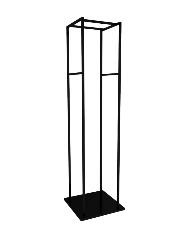 May include: A black metal clothing rack with a square base and two horizontal bars. The rack is freestanding and is ideal for displaying clothing or accessories.