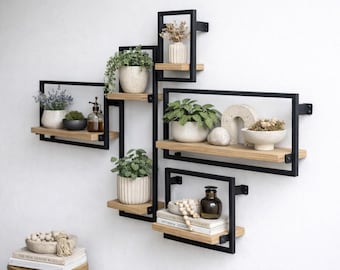 Modern Industrial Wall Shelves Set – Wood and Metal, Space Saving Minimalist Decorative Shelf | Plant Stand and Coffee Corner