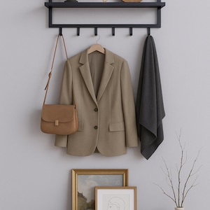 Könnte beinhalten: Eine schwarze Wandgarderobe aus Metall mit einem Regal, an der ein beiger Blazer, eine braune Handtasche und ein grauer Schal hängen. Dekorative Elemente sind eine Büste, ein geflochtener Korb und gerahmte Kunst. Minimalistisches Interior Design.