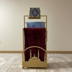 Mosque Pattern Handmade Metal Prayer Rug and Quran Stand-Modern Islamic Prayer Rug Organizer with Quran Holder,Perfect for Ramadan HomeDecor