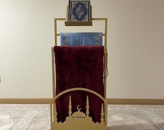 Mosque Pattern Handmade Metal Prayer Rug and Quran Stand-Modern Islamic Prayer Rug Organizer with Quran Holder,Perfect for Ramadan HomeDecor