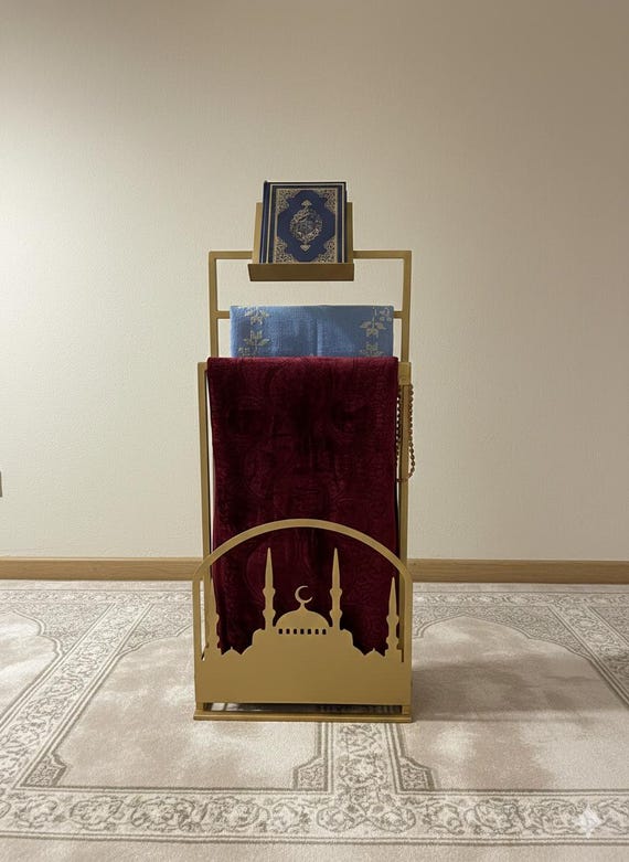Mosque Pattern Handmade Metal Prayer Rug and Quran Stand-Modern Islamic Prayer Rug Organizer with Quran Holder,Perfect for Ramadan HomeDecor