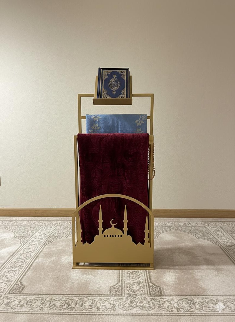 Ręcznie robiony metalowy dywanik modlitewny i stojak na Koran w stylu meczetu - nowoczesny organizer na dywanik modlitewny z uchwytem na Koran, idealny do wystroju domu w czasie Ramadanu zdjęcie 1
