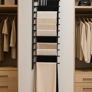 May include: A black metal scarf rack on a neutral wall, holding scarves in black, cream, and striped designs. The rack is placed between two wooden wardrobes, presenting a minimalist aesthetic. The scarves are in various colours.