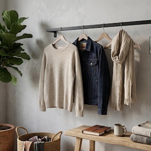 May include: A neutral-toned interior scene features a black wall-mounted clothes rack holding a beige sweater, a dark blue denim jacket, and a light beige scarf. A potted plant, a woven basket, and a wooden bench with a mug, book, and folded textiles complete the setting. A sign reads "BESTSELLER HANDCRAFTED QUALITY."