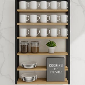 May include: A black and wood kitchen shelf unit with multiple shelves. The shelves hold white mugs, jars with contents, a potted plant, plates, and a book titled "COOKING for everyone". The background is a white marble wall.