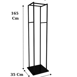 May include: Black metal stand with a rectangular base and four vertical bars. The stand is 165 inches tall, 35 inches wide, and 30 inches deep.