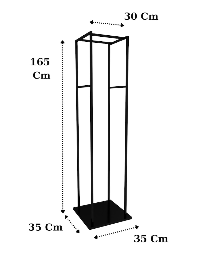 May include: Black metal stand with a rectangular base and four vertical bars. The stand is 165 inches tall, 35 inches wide, and 30 inches deep.