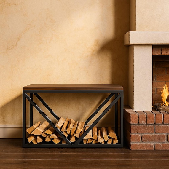 Modern Metal Firewood Rack With Oak Bench Top - Etsy