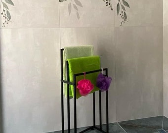 Freestanding Metal Towel Rack with Hooks, Modern Bathroom Organizer