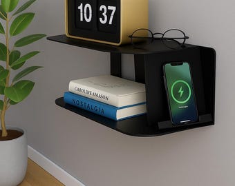 Modern Metal Floating Nightstand, Wall Mounted Bedside Shelf, Phone Charging Shelf, Minimalist Small Bookshelf,Minimalist Book Holder