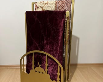 Elegant Mosque Pattern Handcrafted Metal Prayer Rug Stand | Modern Islamic Home Décor | Prayer Mat Organizer | Ramadan Gift