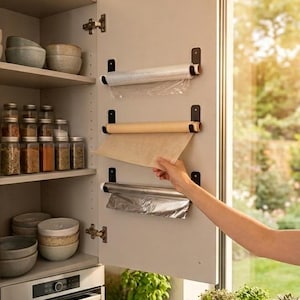 May include: Three black metal wall-mounted hooks attached to the inside of a kitchen cabinet door, holding rolls of plastic wrap, parchment paper, and aluminum foil. An inset graphic shows adhesive and screw mounting options for the hooks.