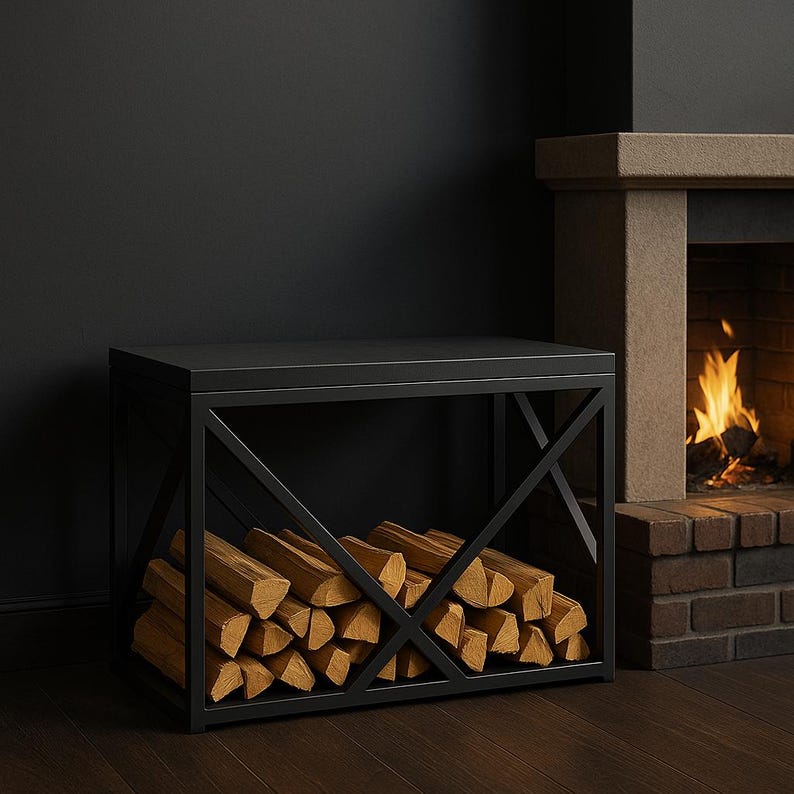 Burning Log Rack Firewood Rack With Bench – Modern Metal Firewood Holder | Wood Storage ...