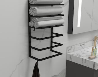 Wall Mounted Metal Towel Rack – Tiered Bathroom Organizer with Hooks