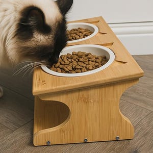 Elevated Cat Bowl, Modern Raised Feeder | Bamboo Stand, Ceramic Bowls | Single, Double, Triple 300ml