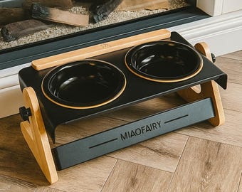 Elevated Pet Feeder – Adjustable Bamboo and Steel Raised Stand with Porcelain Bowls – Tilted Food & Water Dish for Cats and Small Dogs
