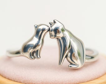 Sterling Silver Cat Ring | Mother and Kitten Adjustable Ring | Handmade Animal Lover Jewellery Gift for Her | Cat Mum Ring UK