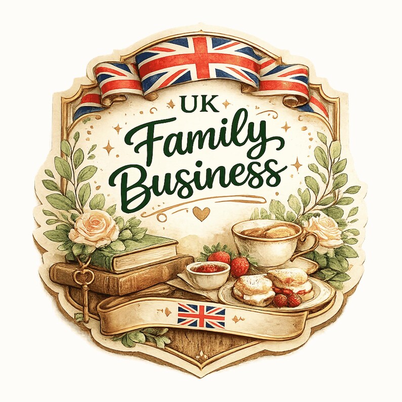 May include: A decorative sign with the text "UK Family Business" in green script, featuring a Union Jack ribbon, tea, scones, strawberries, books, and roses. The design has a vintage, watercolor style.