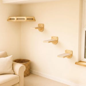 Cat Bed And Steps, Corner Wall Platform - Smooth Natural Wood, Padded Insert, Five-Step Climbing Shelf