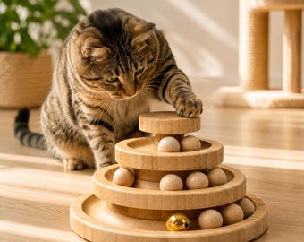 Cat Puzzle Toy, Minimalist Rolling Track | Bamboo Hardwood Balls | 22×14Cm, Fully Assembled
