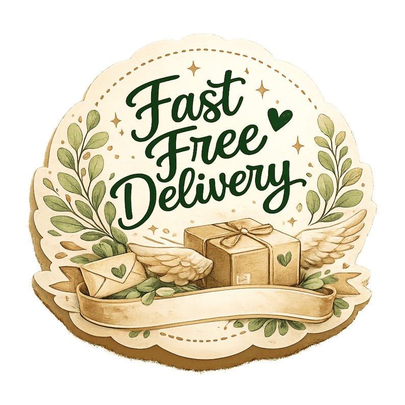 May include: A decorative emblem with the words "Fast Free Delivery" in dark green script. The design includes a gift box with wings, an envelope, and leafy branches, all in soft, muted tones.