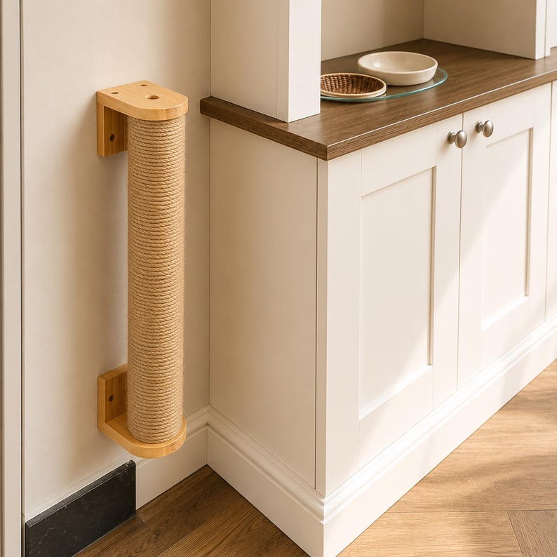 May include: A wall-mounted cat scratching post. The post is made of a natural-colored, tightly wound rope wrapped around a wooden cylinder. The wooden base and top are light-colored, and the post is mounted on a white wall.