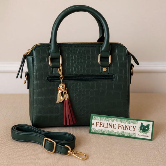 Cat Lover Bag, Croc-Embossed Purse | Premium PU Leather | 24×14×23cm, Removable Feline Charm, Shoulder
