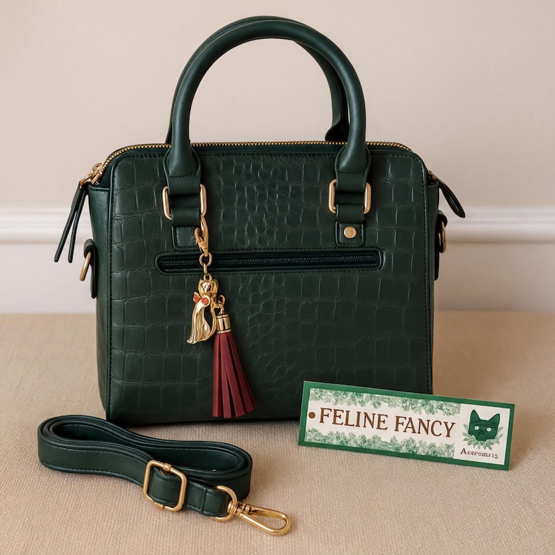 A dark green handbag with a tassel and a green tag that reads "Feline Fancy" is displayed on a beige surface.
