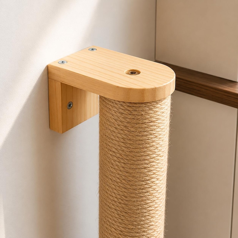 May include: A wall-mounted cat scratching post. The post is made of a natural-colored, tightly wound rope and is supported by a light-colored wooden bracket. The wooden bracket is attached to the wall with screws. The post is designed for cats to scratch.