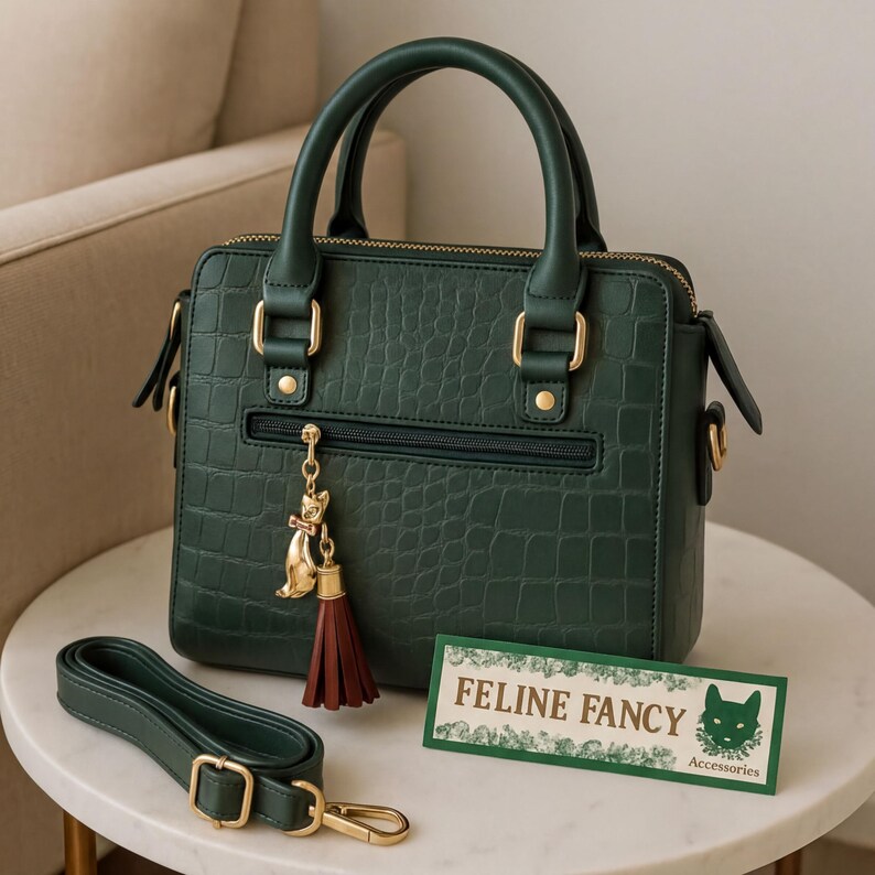 A dark green handbag with gold hardware and a tassel is displayed on a white table, accompanied by a green and white sign that reads "Feline Fancy Accessories".