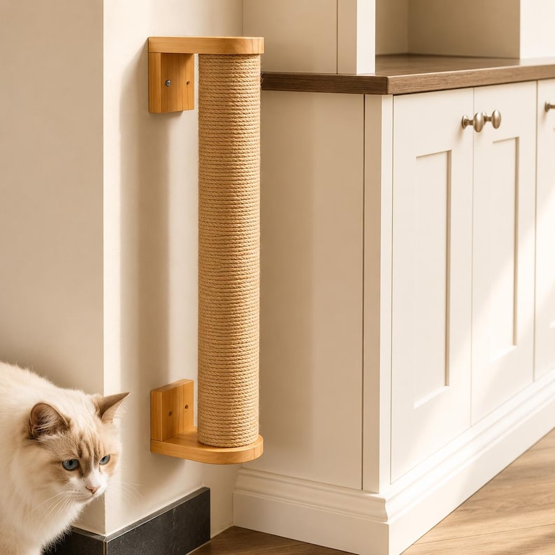 May include: A wall-mounted cat scratching post made of natural-colored rope and wood. The post is cylindrical and attached to a wooden base and top. A light-colored cat is in the lower left corner, looking towards the post.
