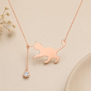 Sterling Silver Cat Necklace with Crystal Charm