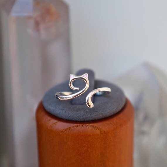 Buy Sterling Silver Cat Ring: Pink Enamel Ears, Adjustable Pet