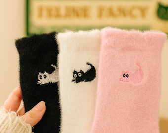 Warm Cat Socks, Fluffy Aussie Fleece Footies | One Size (UK 3–7), Pink White Black, Hand Embroidered Toe Warmers