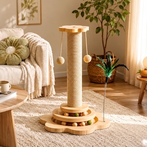 Cat Scratching Post, Wooden Interactive Tower - Natural Sisal Rope, 40x29cm, Kittens, Indoor Enrichment