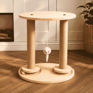 Indoor Cat Scratcher, Dual Sisal Posts, Hanging Mouse Toy - Rolling Balls, Pine Base, 40x29x46cm