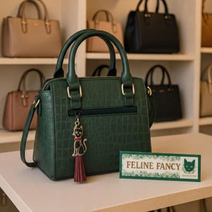 A green handbag with a cat charm is displayed on a table, accompanied by a sign that reads "Feline Fancy".