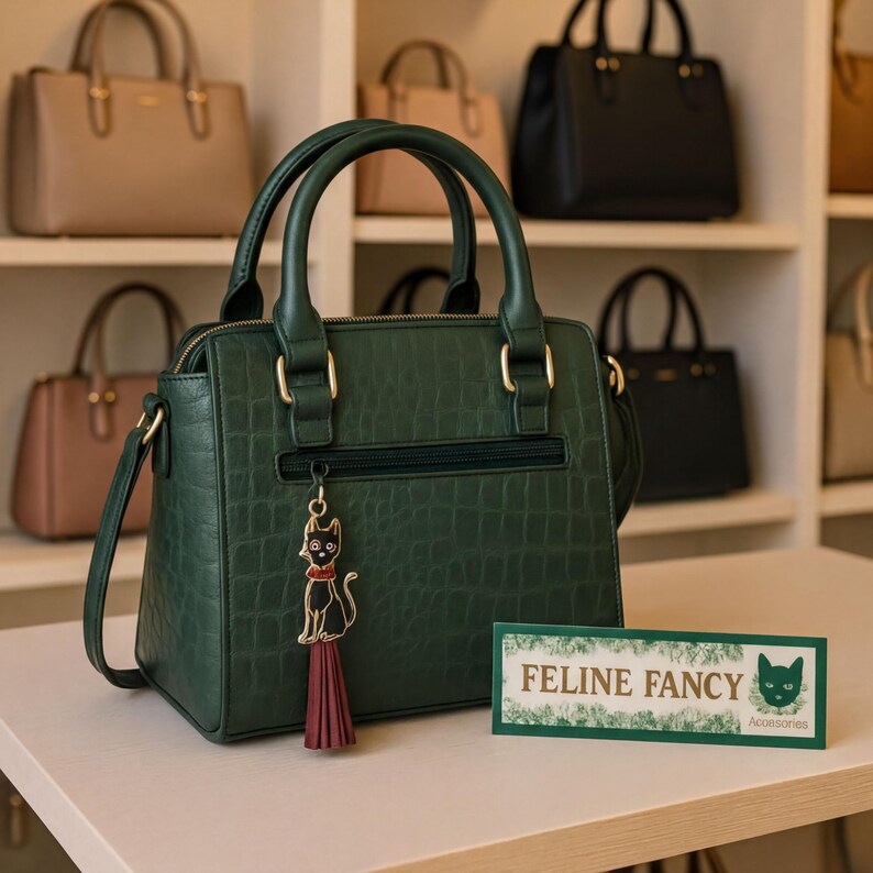 A green handbag with a cat charm is displayed on a table, accompanied by a sign that reads "Feline Fancy".