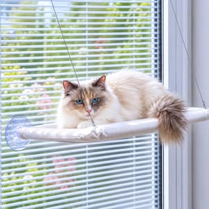 Window Cat Hammock, Minimalist Hanging Bed | Padded Fabric | 54×32cm Support, Blue Khaki White, Suction Mount