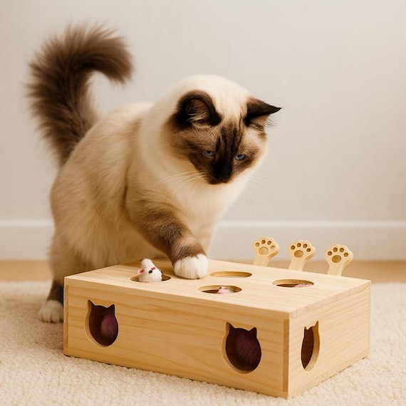 Whack-a-mole Cat, Handcrafted Wooden Puzzle Feeder, Interactive