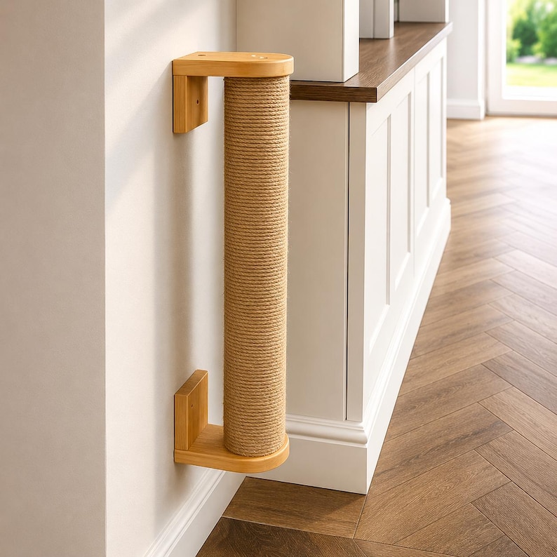 May include: A wall-mounted cat scratching post. The post is made of natural-colored rope wrapped around a wooden cylinder. The wooden base and top are light brown. The post is attached to the wall with wooden brackets.