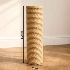 May include: A cylindrical cat scratching post made of tightly wound natural rope. The post is 50cm (19.7 inches) tall and 7cm (2.8 inches) in diameter. The neutral color and texture blend well with various home decor styles.