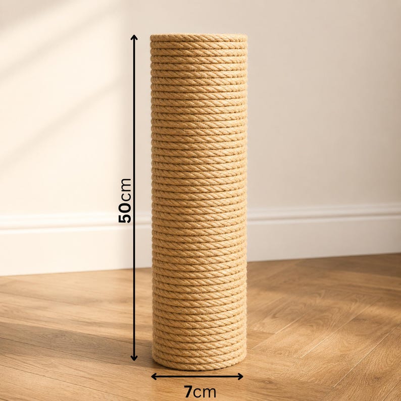 May include: A cylindrical cat scratching post made of tightly wound natural rope. The post is 50cm (19.7 inches) tall and 7cm (2.8 inches) in diameter. The neutral color and texture blend well with various home decor styles.